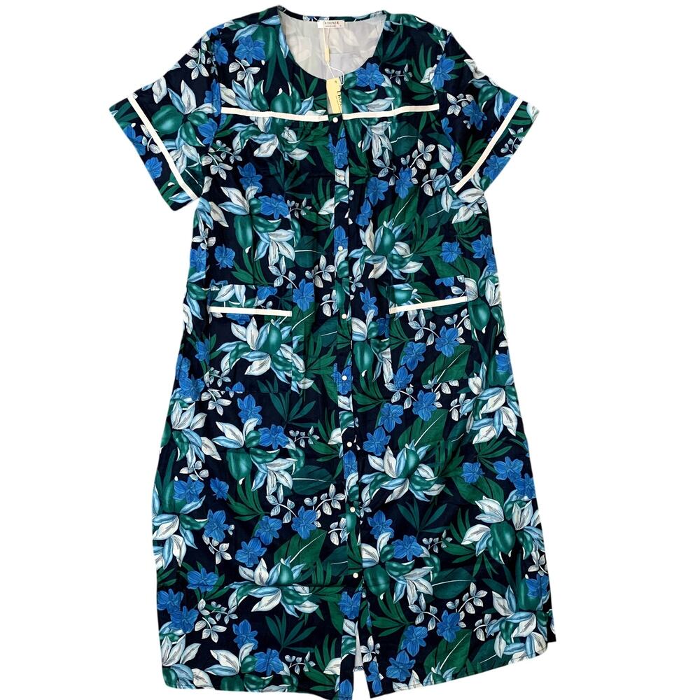 Floral Lounge Dress Tropical Snap Front Cotton Blend Duster House Coat SZ L NWT
